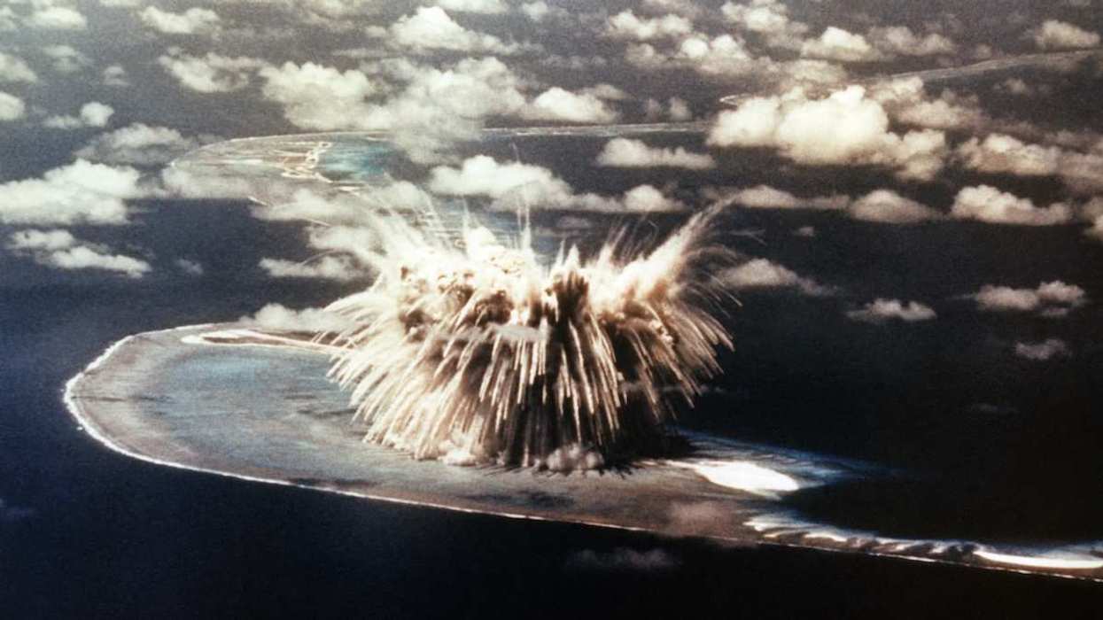 Aerial view of the nuclear explosion, code-named Seminole, at Enewetak Atoll in the Pacific Ocean on June 6, 1956.