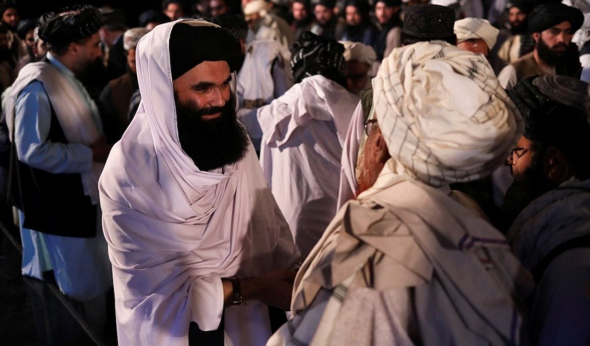 ​Afghan Interior Minister Sirajuddin Haqqani, pictured here at the anniversary event of the departure of the Soviet Union from Afghanistan, in Kabul, Afghanistan, on April 28, 2022. 