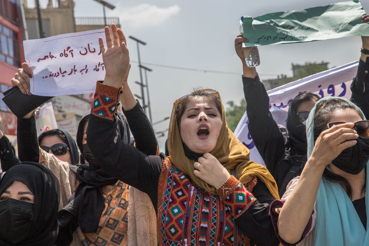 Afghan women demonstrate in the center of Kabul, Afghanistan
