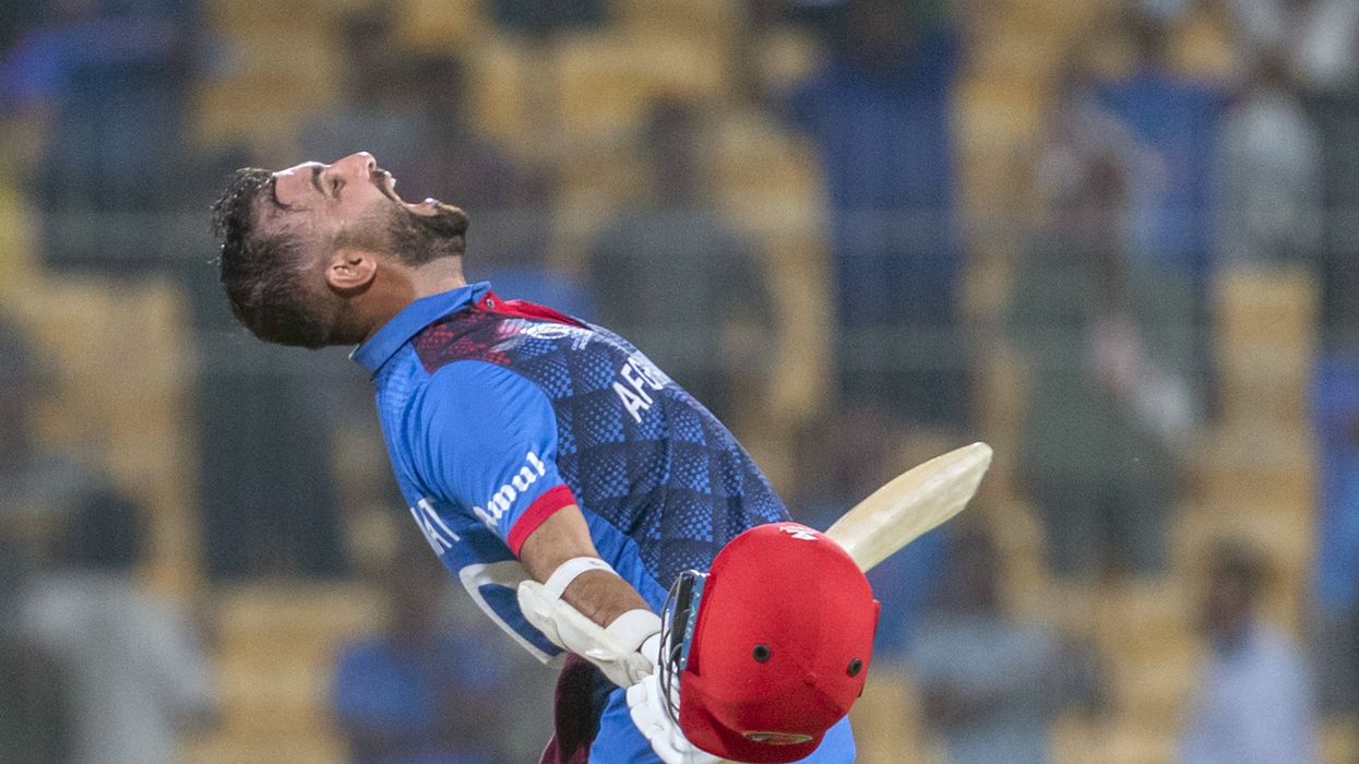 Afghanistan's captain Hashmatullah Shahidi celebrates the team's victory against Pakistan in the ICC Men's Cricket World Cup 2023, at MA Chidambaram Stadium, in Chennai on Monday.