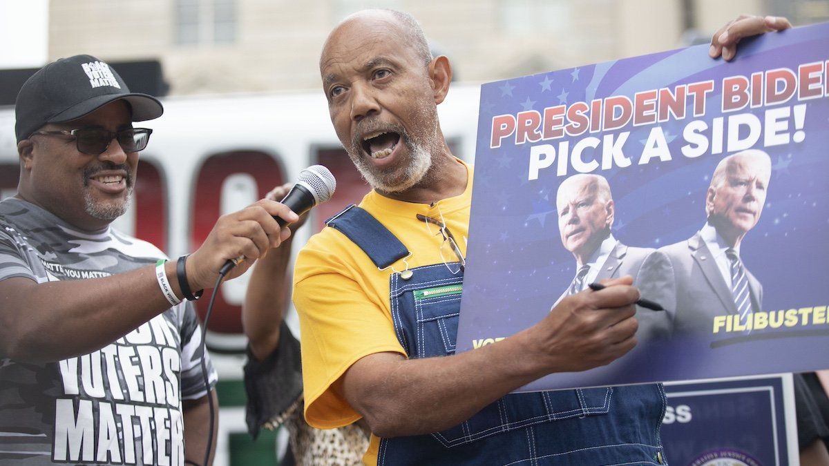 ​AJ McCampbell, Democrat state representative from Alabama's 71st district, calls on U.S. president Joseph R. Biden to "pick a side" on voting rights and the filibuster before a march in downtown Washington, D.C. from the African American History Museum to the White House on Wednesday, August 4, 2021.