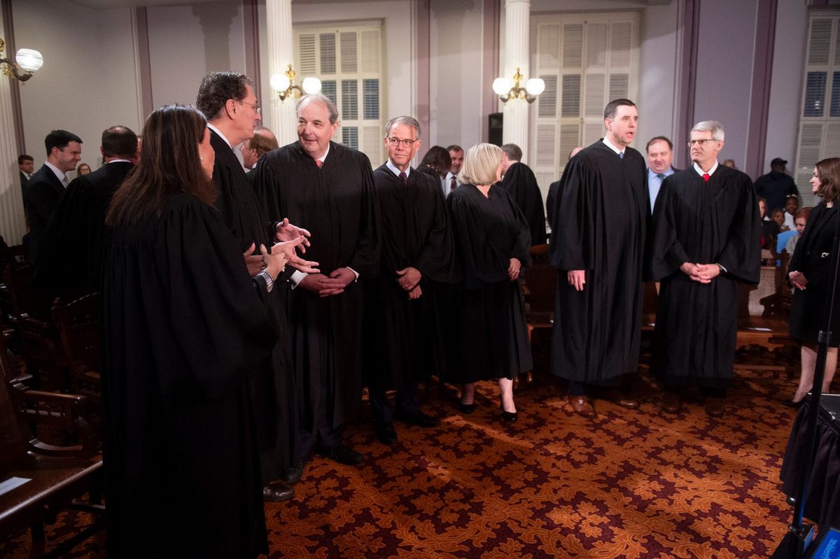 Alabama Supreme Court Justices arrive during the State of the State address at the Alabama State Capitol in Montgomery, Ala., on Tuesday, Feb. 6, 2024.