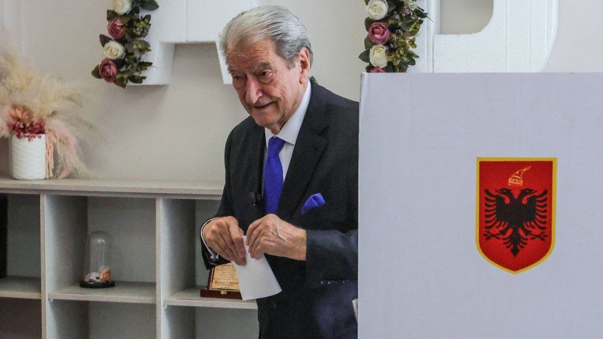 Albanian opposition leader Sali Berisha casts his vote at a polling station during parliamentary elections in Tirana, Albania, on May 11, 2025.