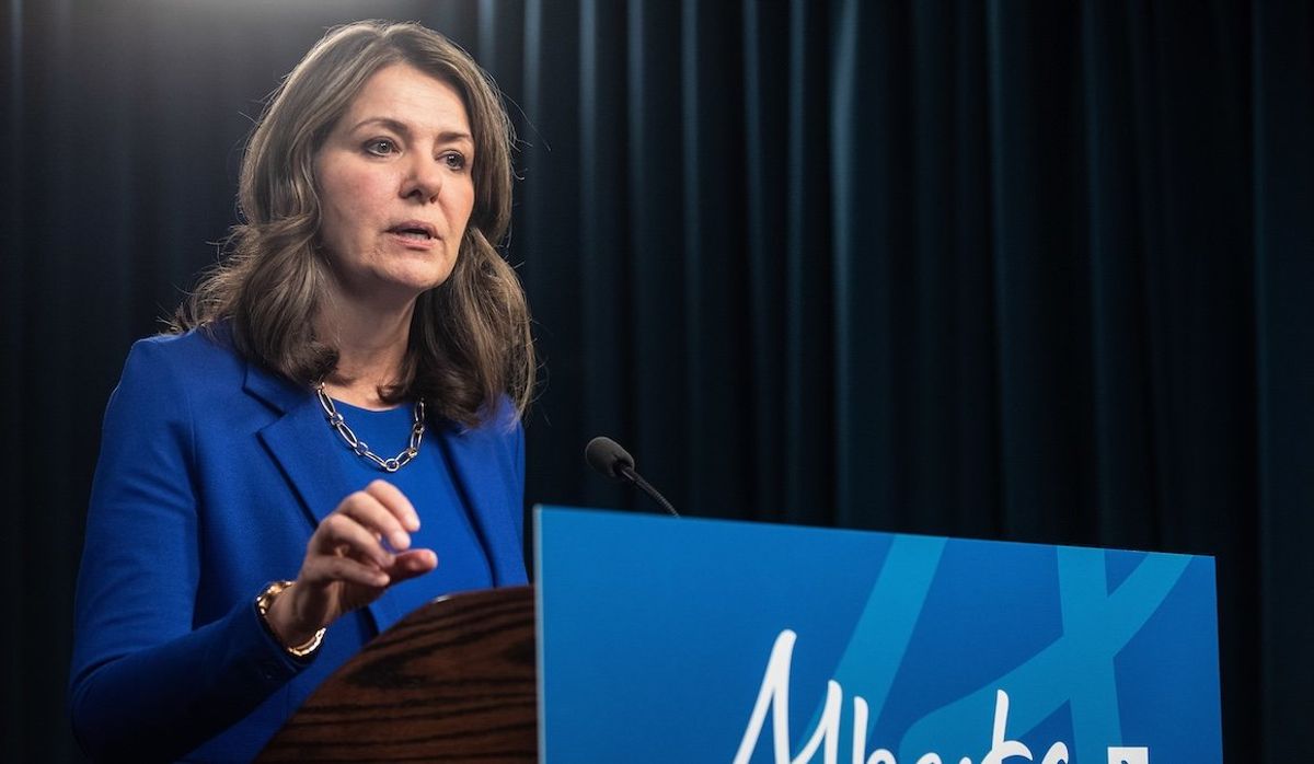 Alberta Premier Danielle Smith announces proposed changes to several pieces of democratic process legislation, in Edmonton on Tuesday, April 29, 2025. 
