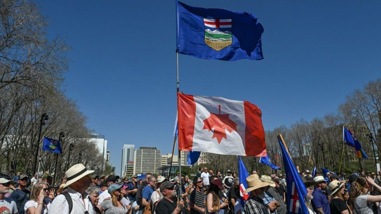 Alberta sovereigntists and supporters gather outside the Alberta Legislature on May 3, 2025.