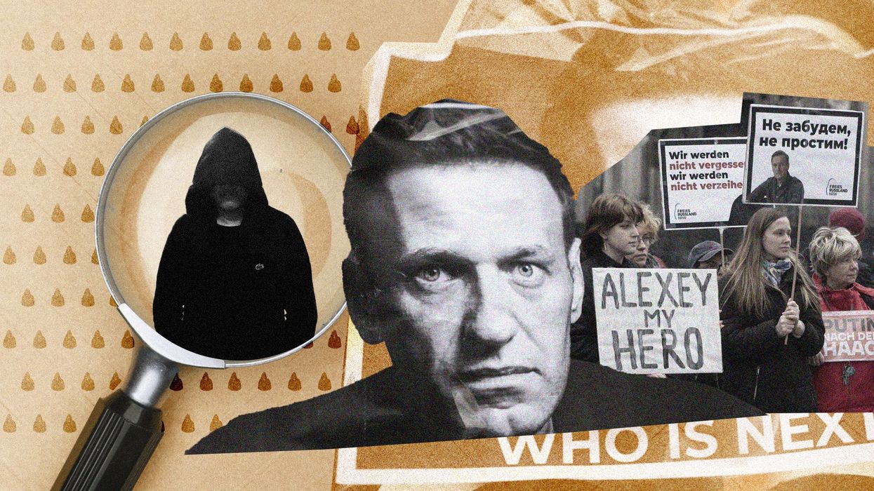 Alexei Navalny, protesters with pro-Navalny signs in English and Russian that say Alexey my hero, magnifying glass showing a hacker, "Who is next" - collage