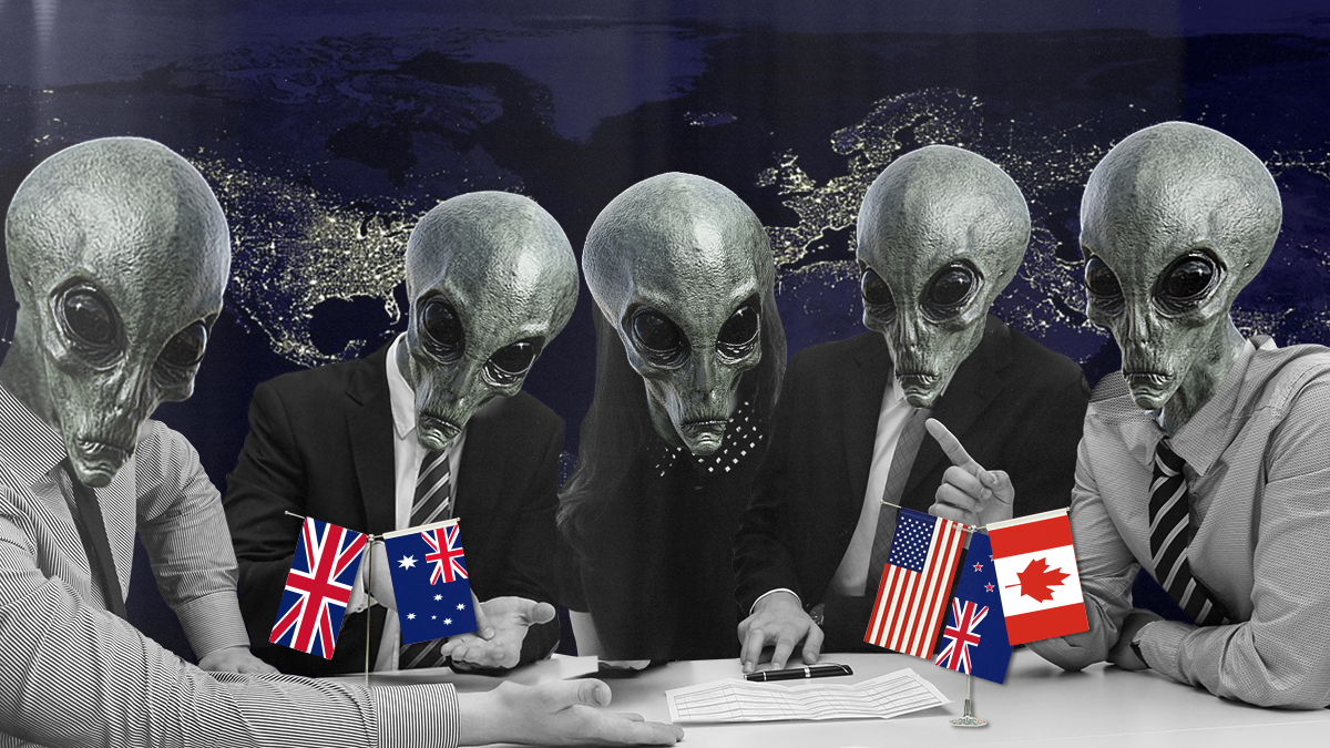 Aliens chat at a table with the flags of the Five Eyes nations