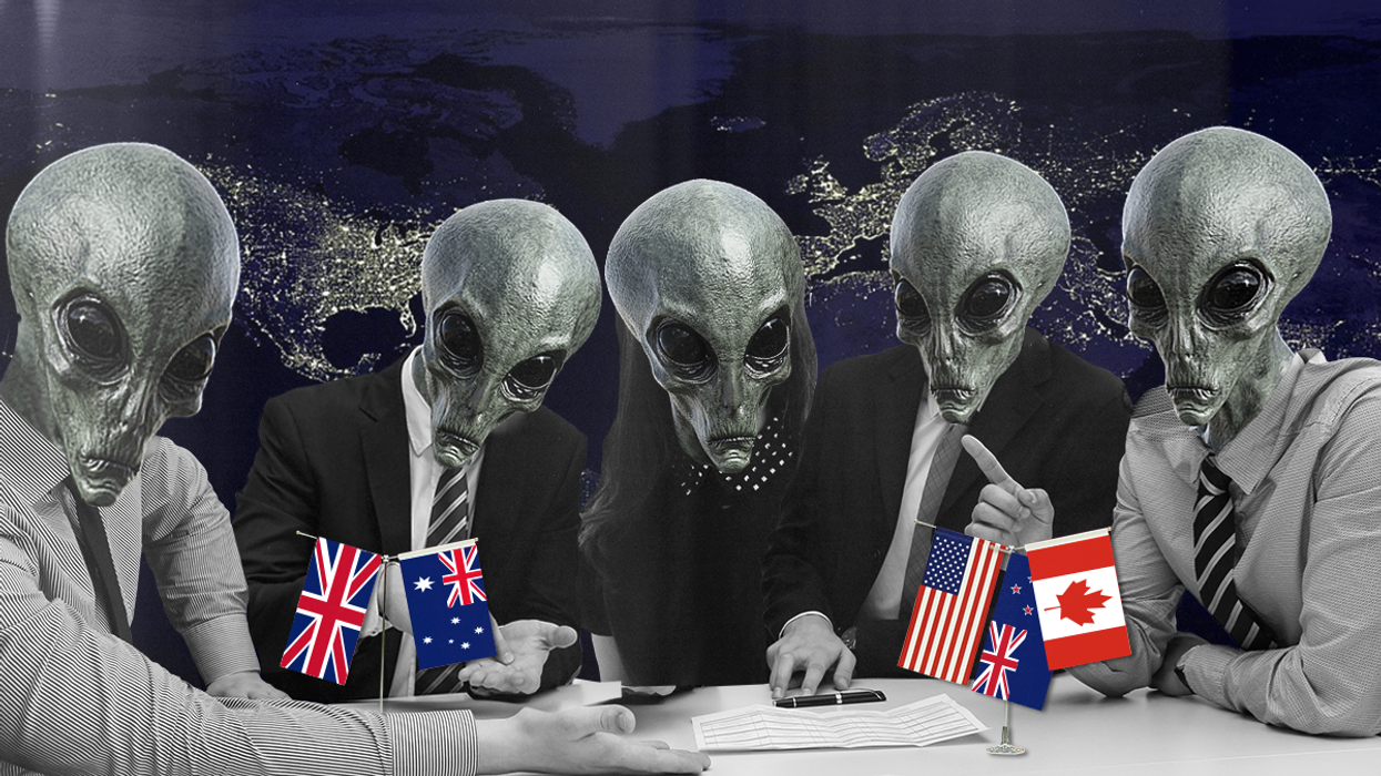 Aliens chat at a table with the flags of the Five Eyes nations