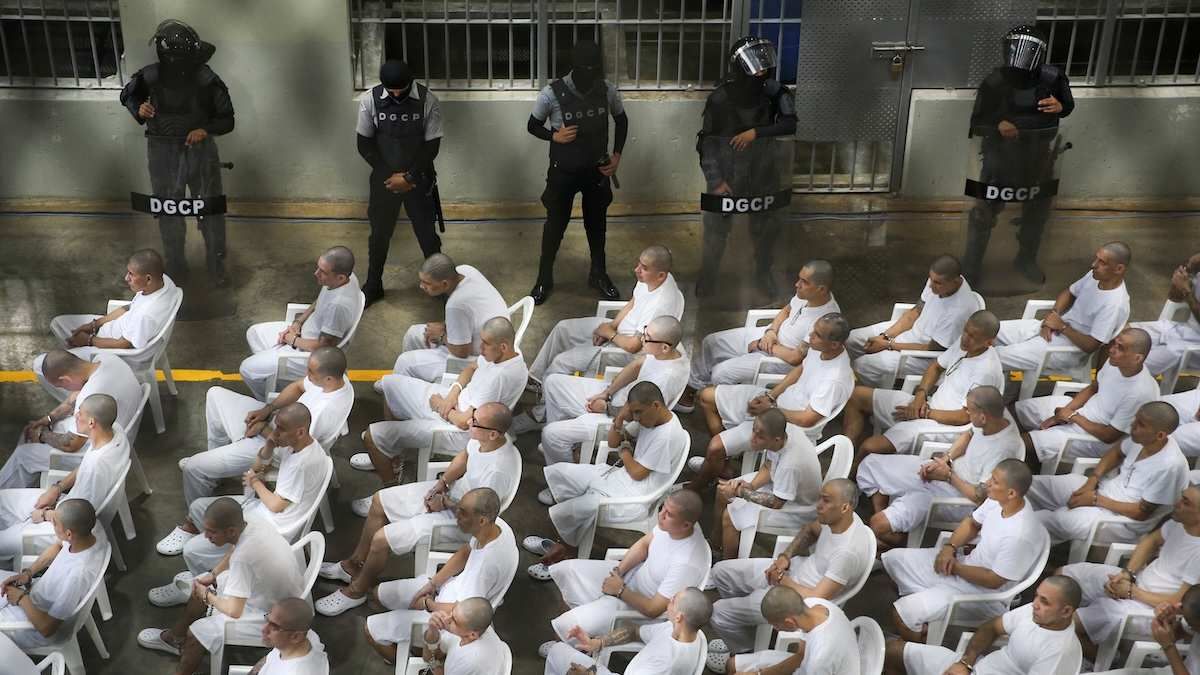 Alleged members of Mara Salvatrucha gang, also known as MS-13, attend an open hearing in a mass trial, after 486 alleged gang members were charged with more than 47,000 crimes committed between 2012 and 2022, according to prosecutors, at the Terrorism Confinement Center (CECOT) in Tecoluca, El Salvador, April 23, 2026.