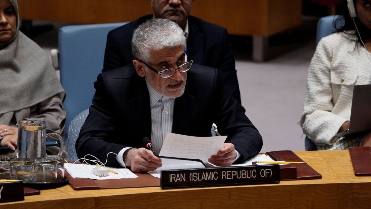 ​Amir Seaid Iravani premanent representative of the Islamic Republic of Iran speaks during the UN Security Council on June 24, 2025 in New York City.