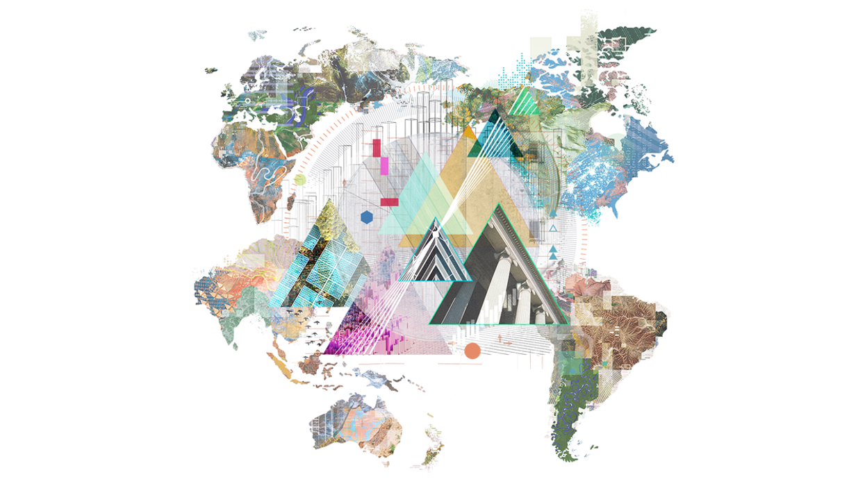 An abstract image of the world map and shapes.