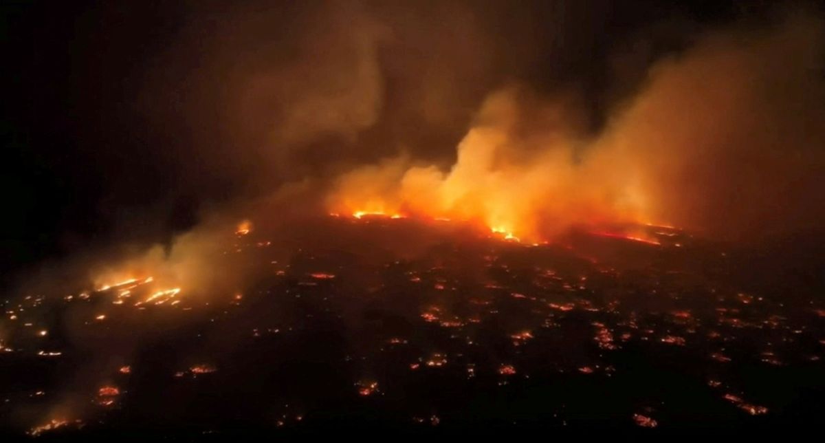 An aerial view of a wildfire in Kihei, Maui County, Hawaii.