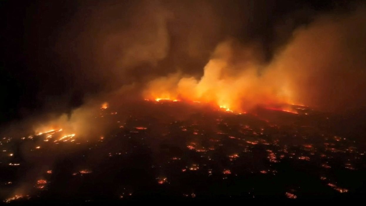 An aerial view of a wildfire in Kihei, Maui County, Hawaii.