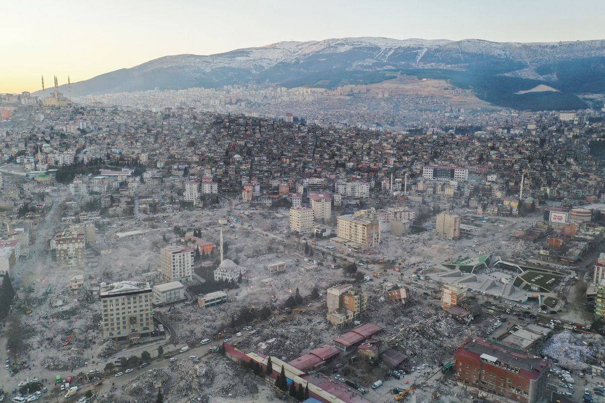An aerial view of destroyed buildings in Kahramanmaras, Turkey February 14, 2023.