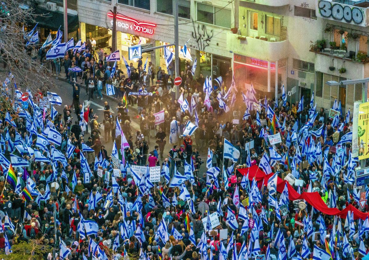 An aerial view of Israelis protesting in Tel Aviv as PM Benjamin Netanyahu's nationalist coalition government presses on with its judicial overhaul.