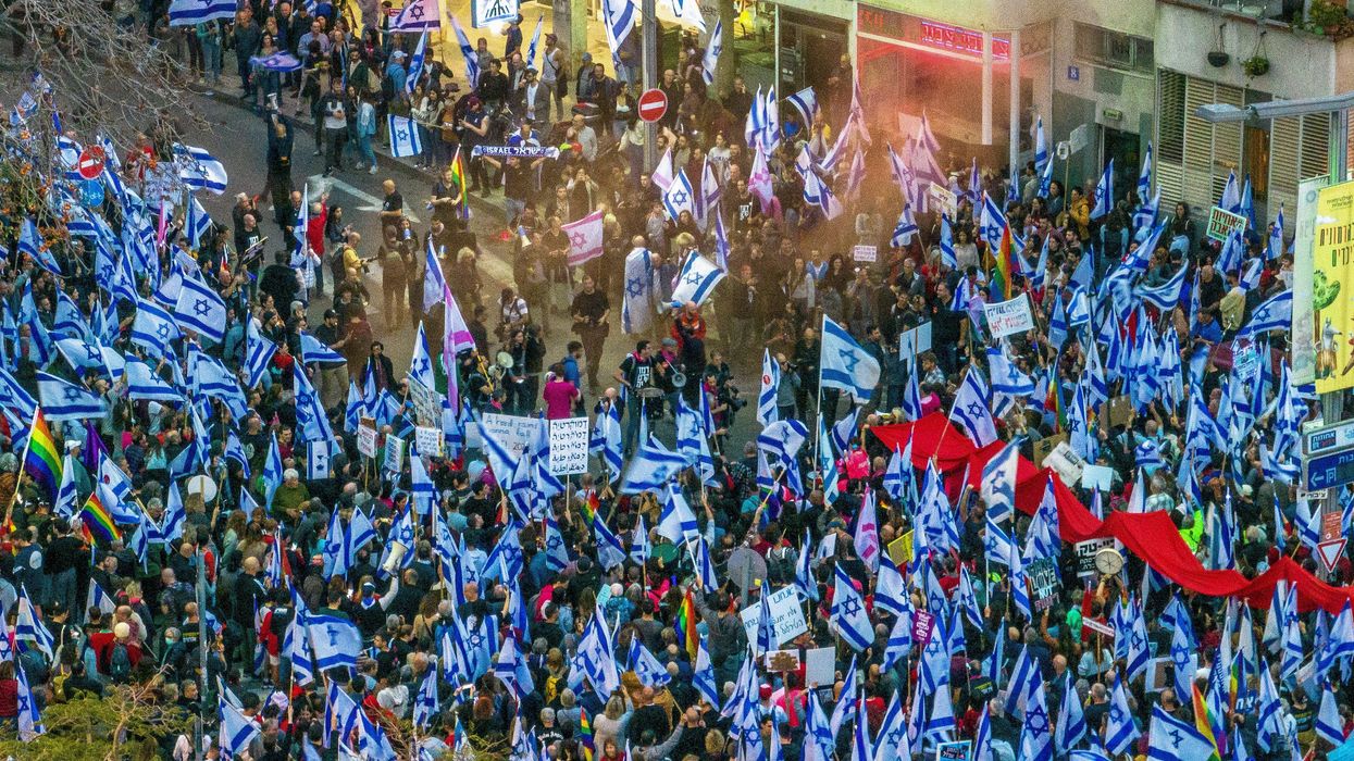 An aerial view of Israelis protesting in Tel Aviv as PM Benjamin Netanyahu's nationalist coalition government presses on with its judicial overhaul.