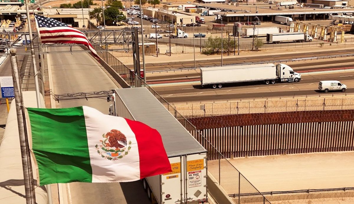 ​An aerial view shows a truck crossing into the United States over the Cordova of the Americas border bridge, in Ciudad Juarez, Mexico, on April 2, 2025. 
