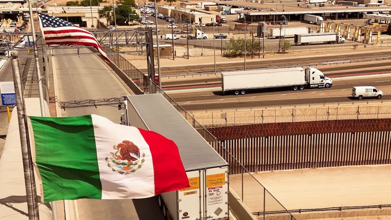 An aerial view shows a truck crossing into the United States over the Cordova of the Americas border bridge, in Ciudad Juarez, Mexico, on April 2, 2025.