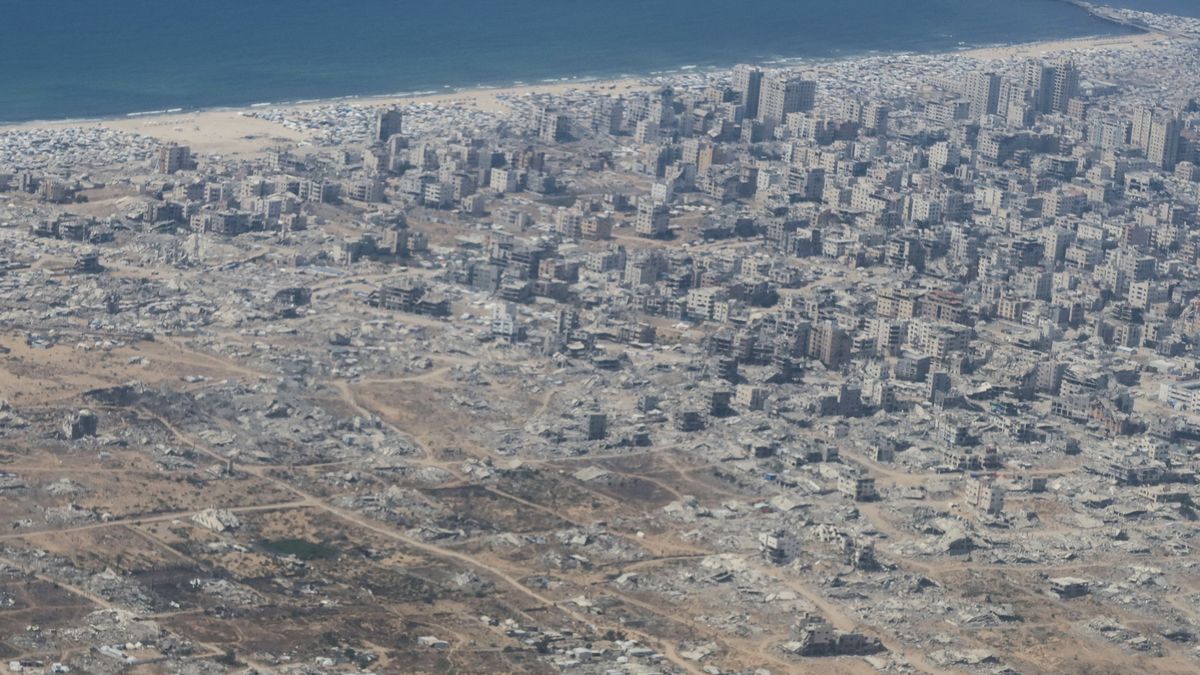 An aerial view shows damaged buildings in Gaza, July 28, 2025.