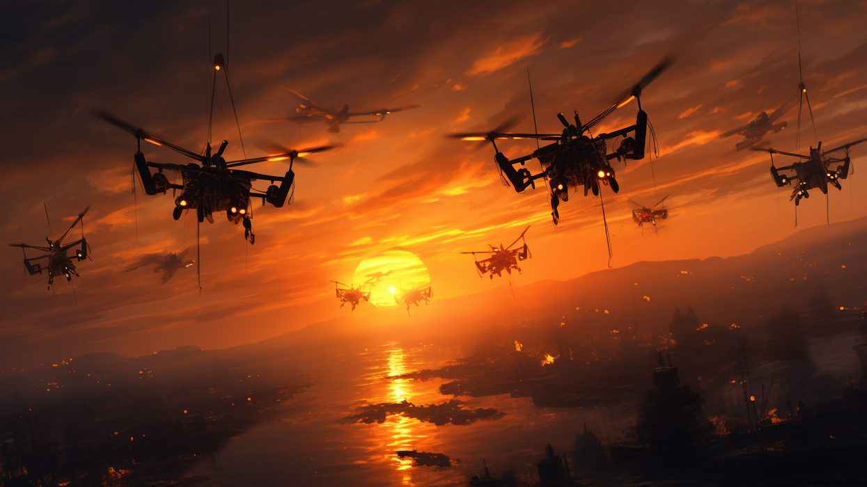 An AI-generated image of swarming drones.