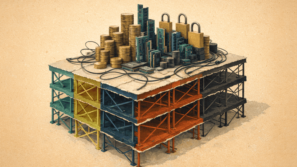 An AI generated image showing scaffolding with wires and coins on it