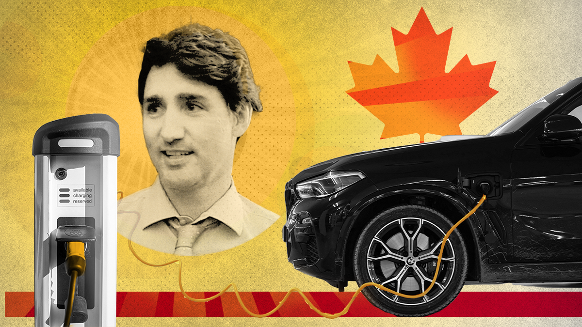 An electric vehicle charging with an image of Justin Trudeau and the Canadian flag in the background