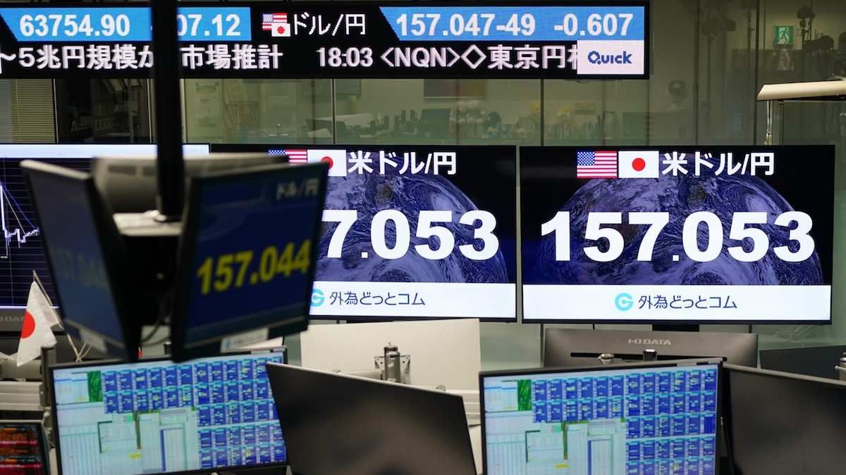 An electronic board displays the exchange rate of the Japanese yen against the U.S. dollar in Minato Ward, Tokyo on August 3, 2026.