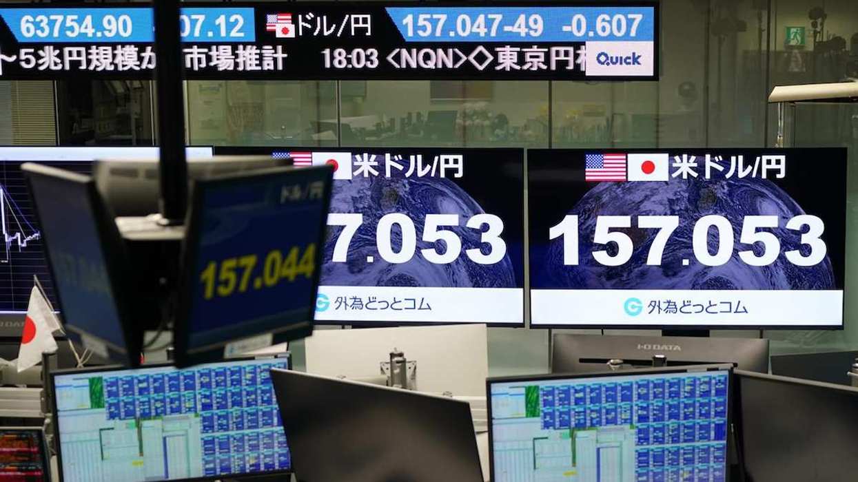 An electronic board displays the exchange rate of the Japanese yen against the U.S. dollar in Minato Ward, Tokyo on August 3, 2026.