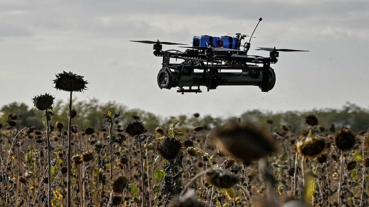 An FPV drone with an attached portable grenade launcher is seen during a test flight conducted by Ukrainian servicemen of the 'Bulava' Unmanned Aerial Vehicles Unit of the Separate Presidential Brigade at their position near a frontline, amid Russia's attack on Ukraine, in Zaporizhzhia region, Ukraine, on Oct. 11, 2024.