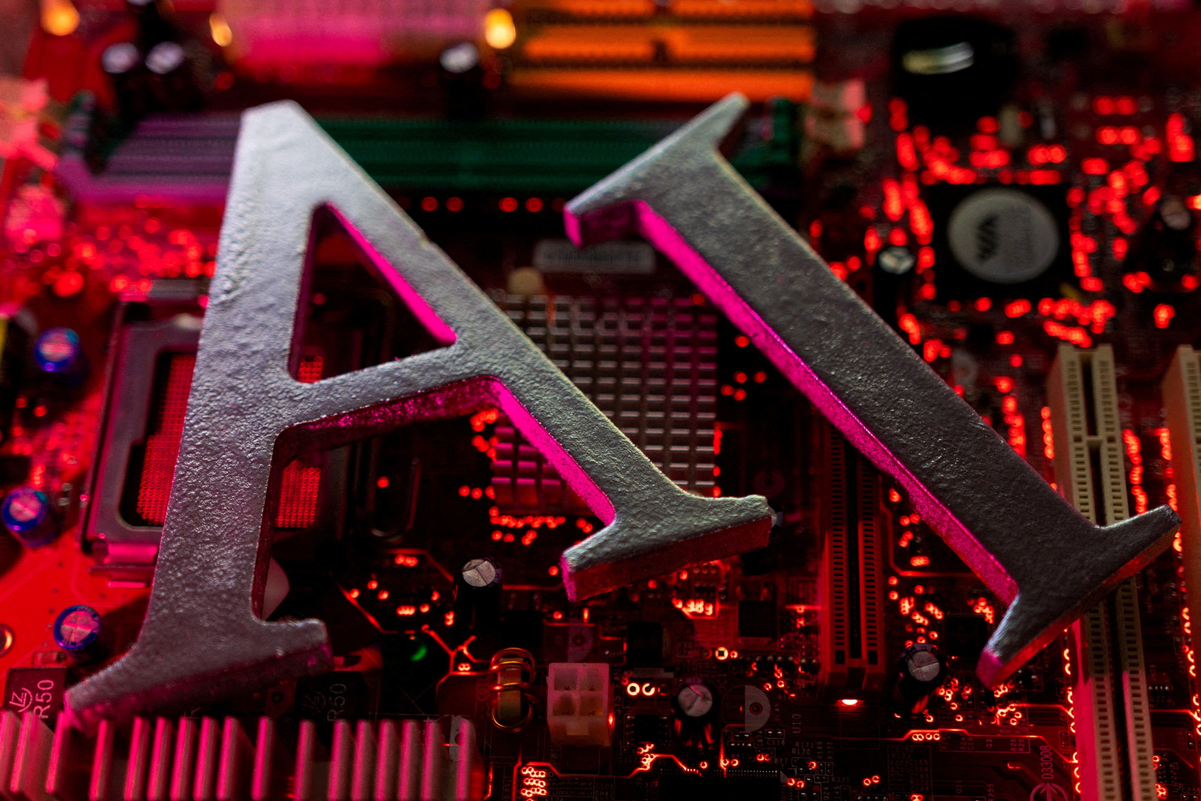 An illustration of AI atop a computer motherboard.