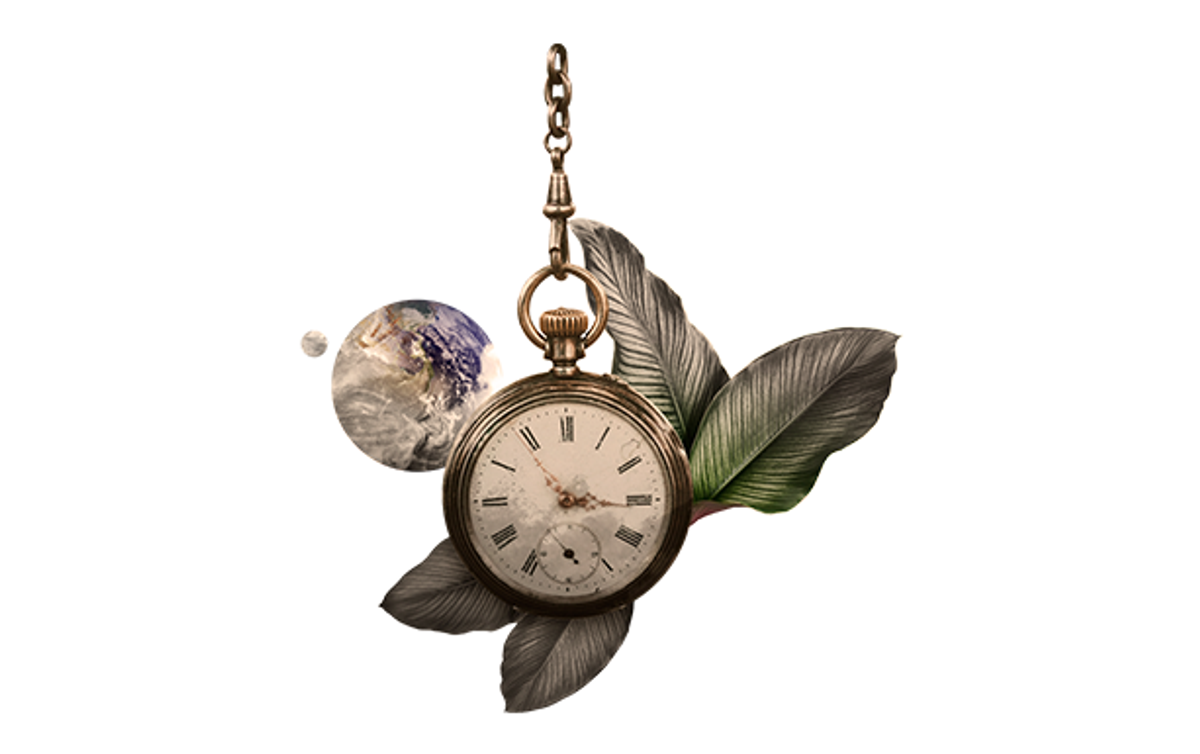 An illustration of an antique pocketwatch hanging on a chain in front of leaves and planet Earth