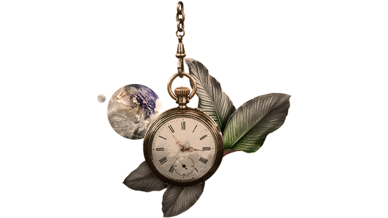 An illustration of an antique pocketwatch hanging on a chain in front of leaves and planet Earth