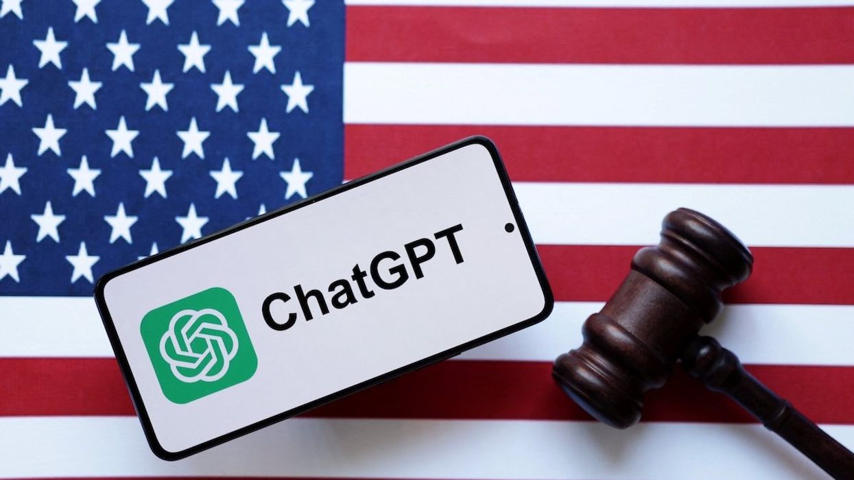 An illustration of the ChatGPT logo on a phone screen, along with the US flag and court gavel.