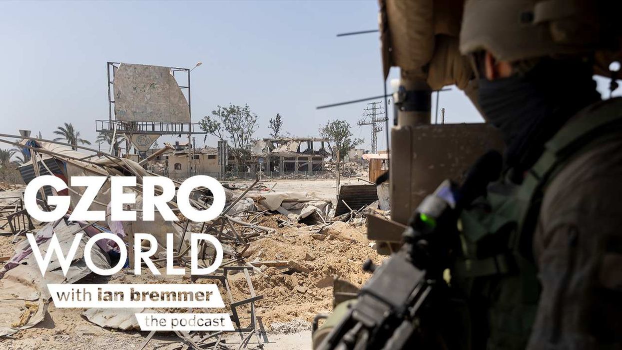 An image of an Israeli soldier with the GZERO World Podcast logo superimposed