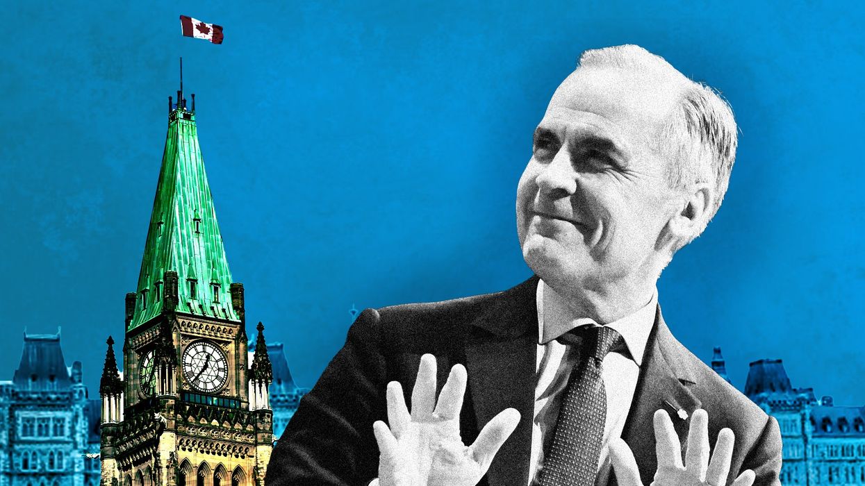 An image of Prime Minister Mark Carney positioned near the Canadian parliament.