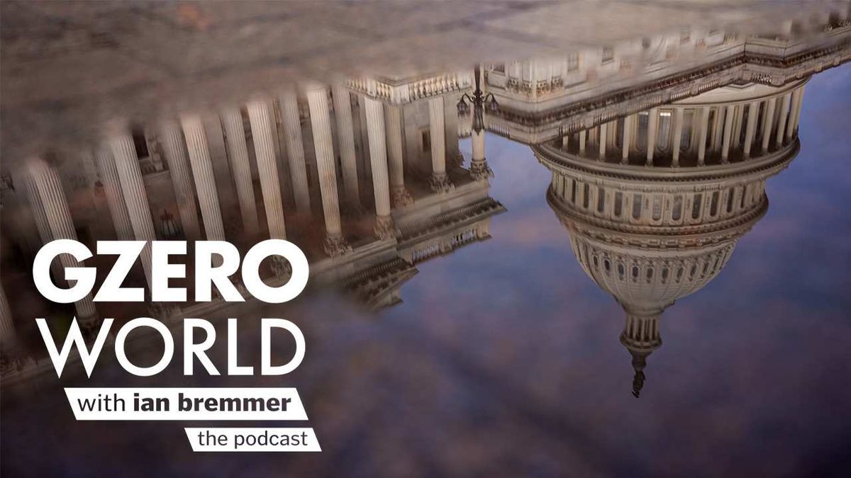 An image of the US Capitol building, reflected upside down in a pool of water with the GZERO World Podcast logo super imposed on top