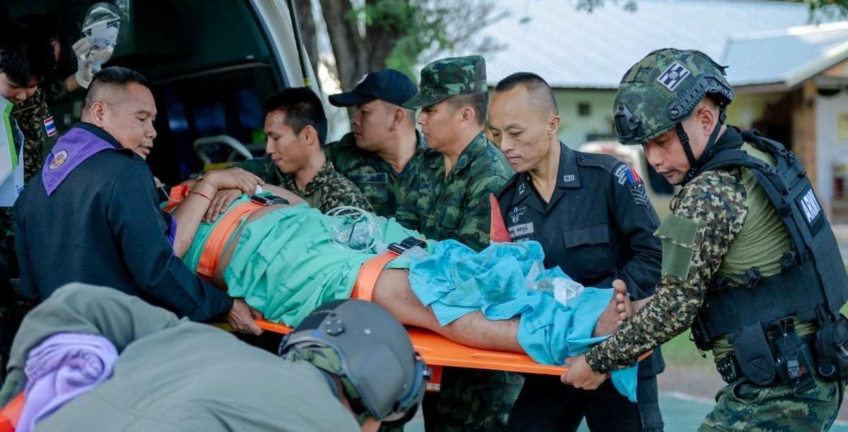 An injured soldier is transferred to a hospital following a clash between Thai and Cambodian troops over a disputed border area in Sisaket Province,Thailand, December 7, 2025. 