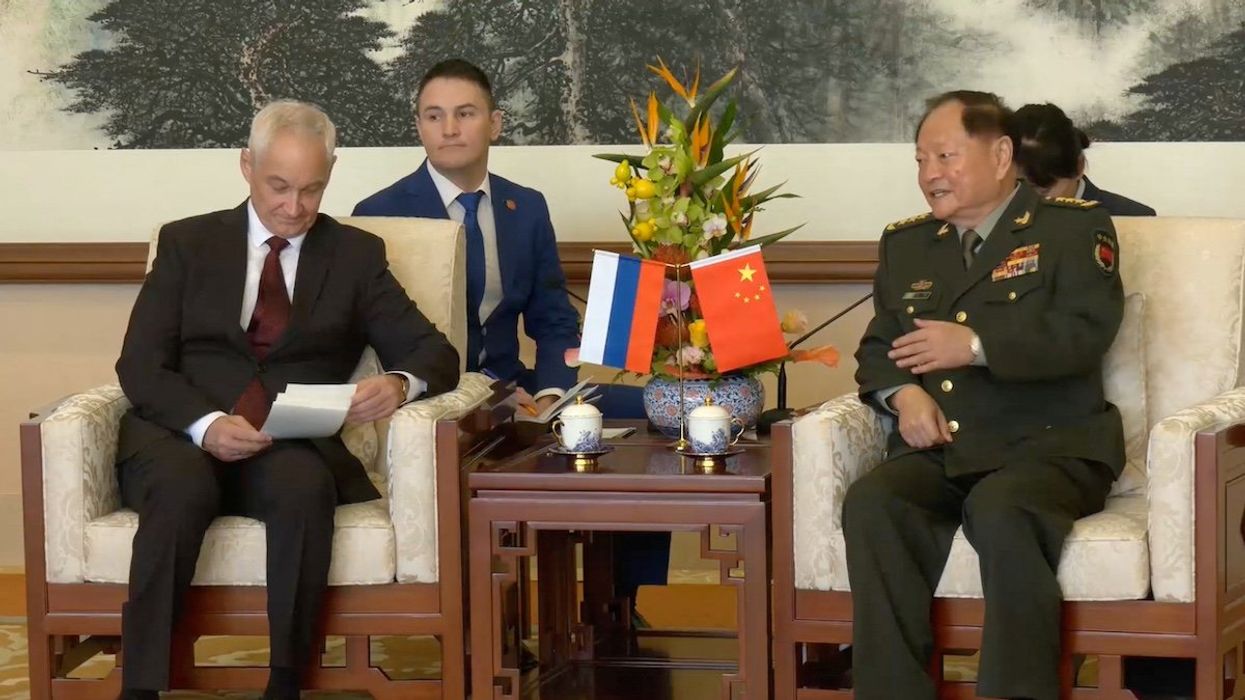 Andrei Belousov, Russia's Defence Minister, attends a meeting with Zhang Youxia, Vice Chairman of China's Central Military Commission, in Beijing, China, in this still image taken from video released on October 15, 2024.
