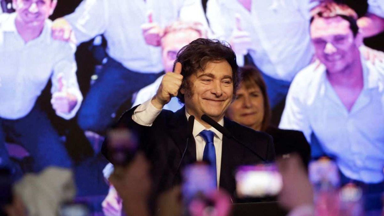 Argentina's President Javier Milei gestures after the La Libertad Avanza party won the midterm election, in Buenos Aires, Argentina, on October 26, 2025.