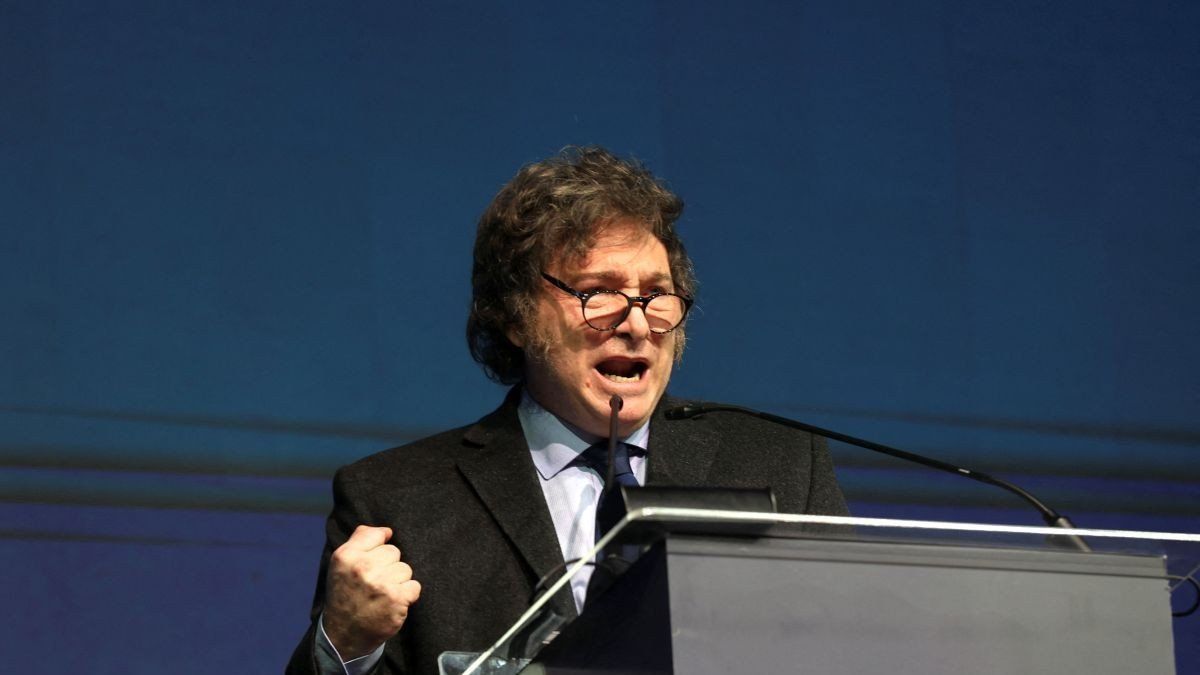 ​Argentina's President Javier Milei speaks during the CPAC (Conservative Political Action Conference) in Balneario Camboriu, Santa Catarina state, Brazil, July 7, 2024. 