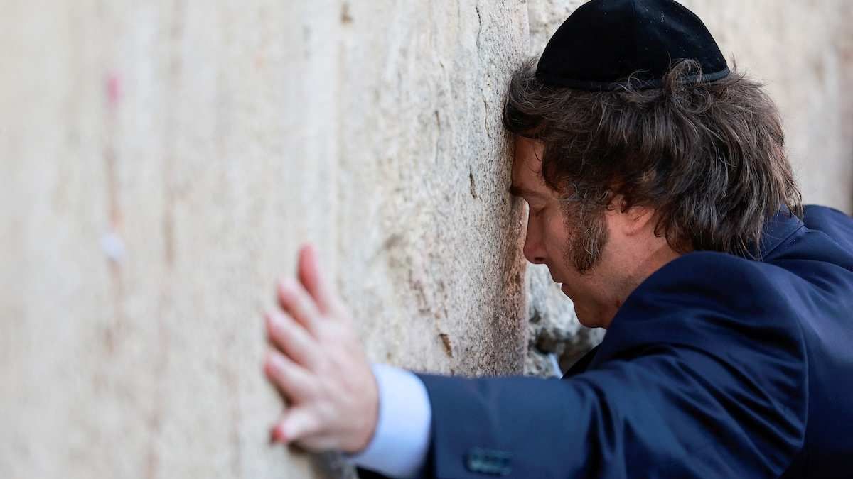 Argentina's President Javier Milei visits the Western Wall, Judaism's holiest prayer site during his tour in Jerusalem's Old City, February 6, 2024