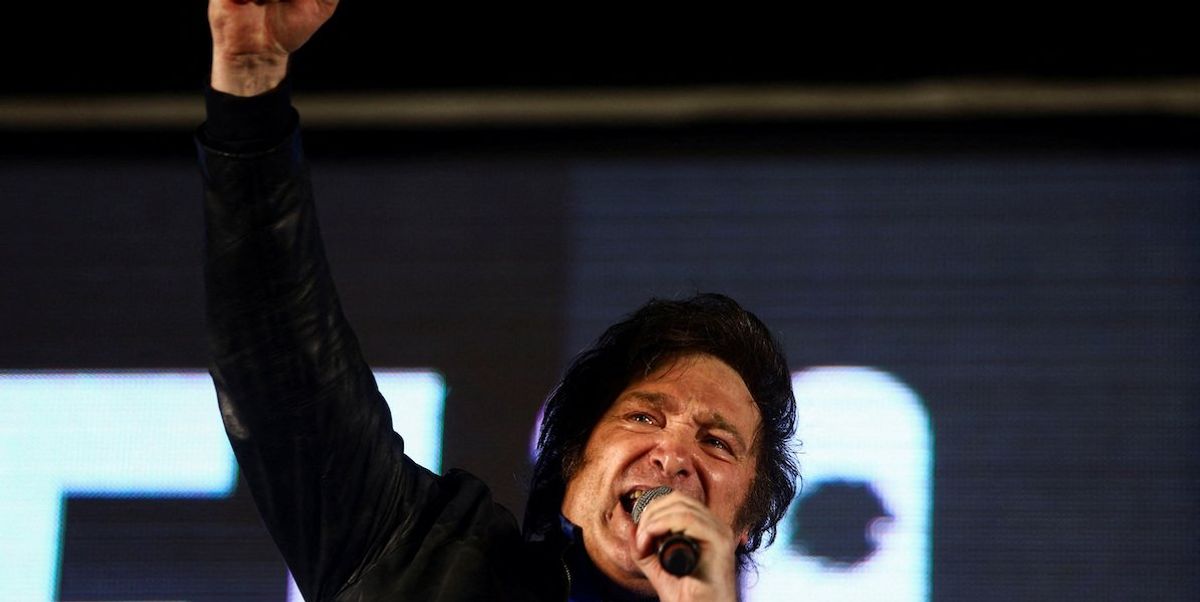 Argentine presidential candidate Javier Milei gestures during the closing event of his electoral campaign ahead of the November 19 runoff election, in Cordoba, Argentina, November 16, 2023. 