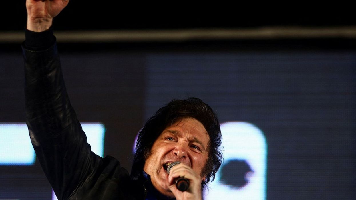 Argentine presidential candidate Javier Milei gestures during the closing event of his electoral campaign ahead of the November 19 runoff election, in Cordoba, Argentina, November 16, 2023.