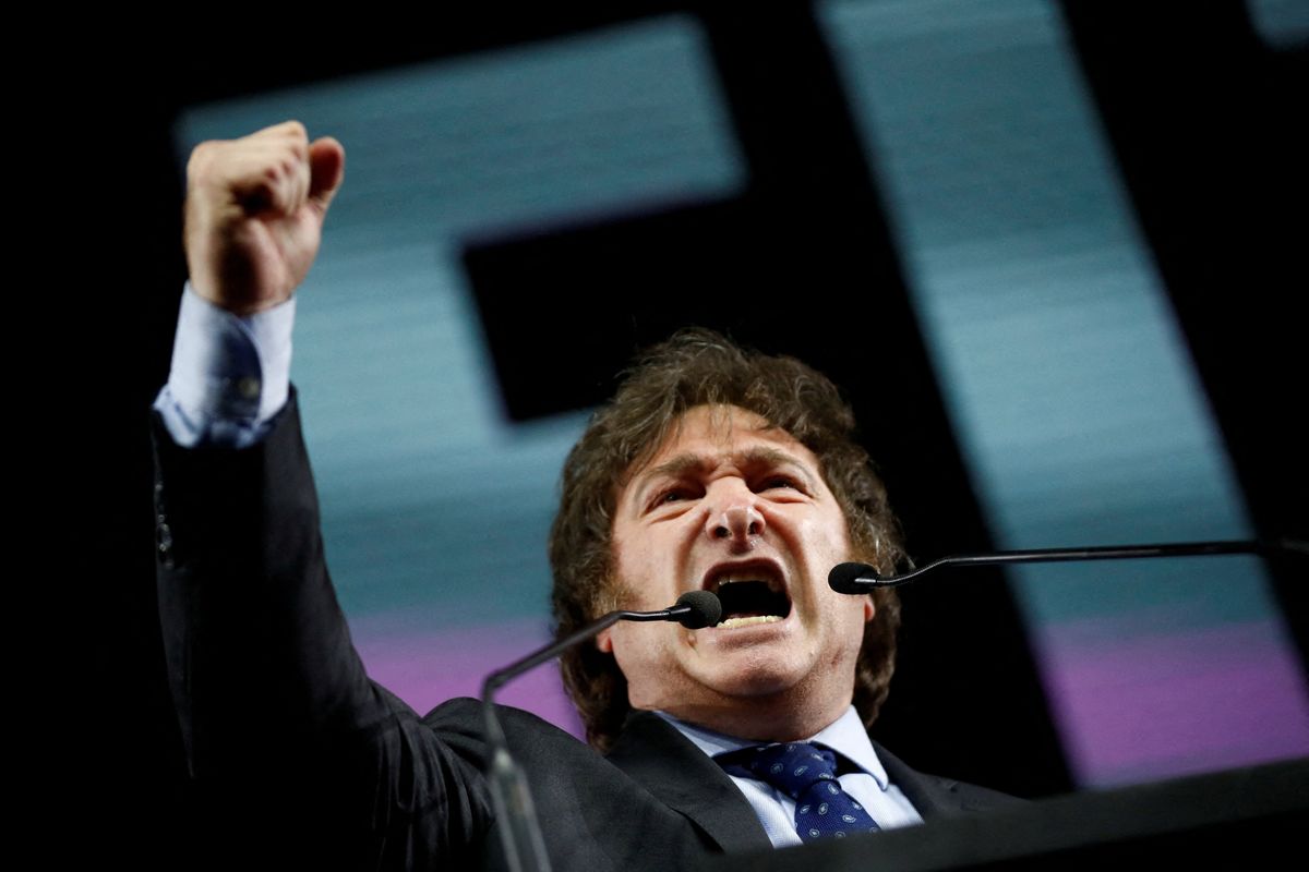 Argentine presidential candidate Javier Milei gives a speech in Buenos Aires on Aug. 7, 2023. 