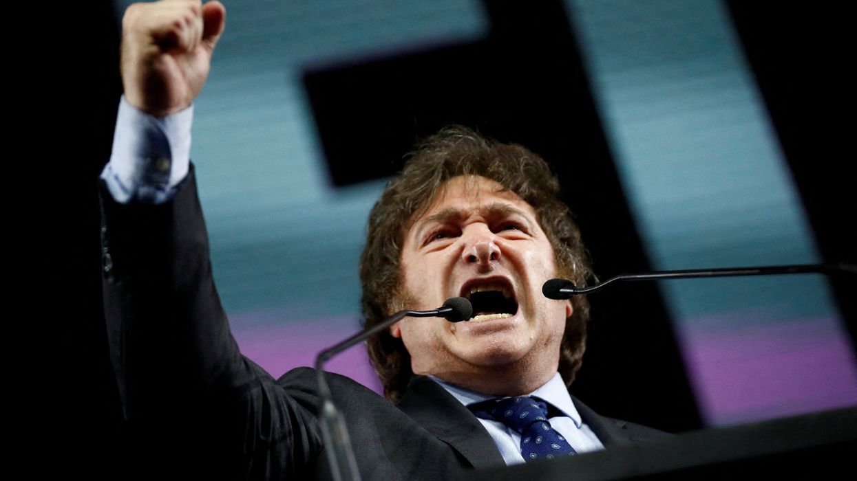 Argentine presidential candidate Javier Milei gives a speech in Buenos Aires on Aug. 7, 2023.