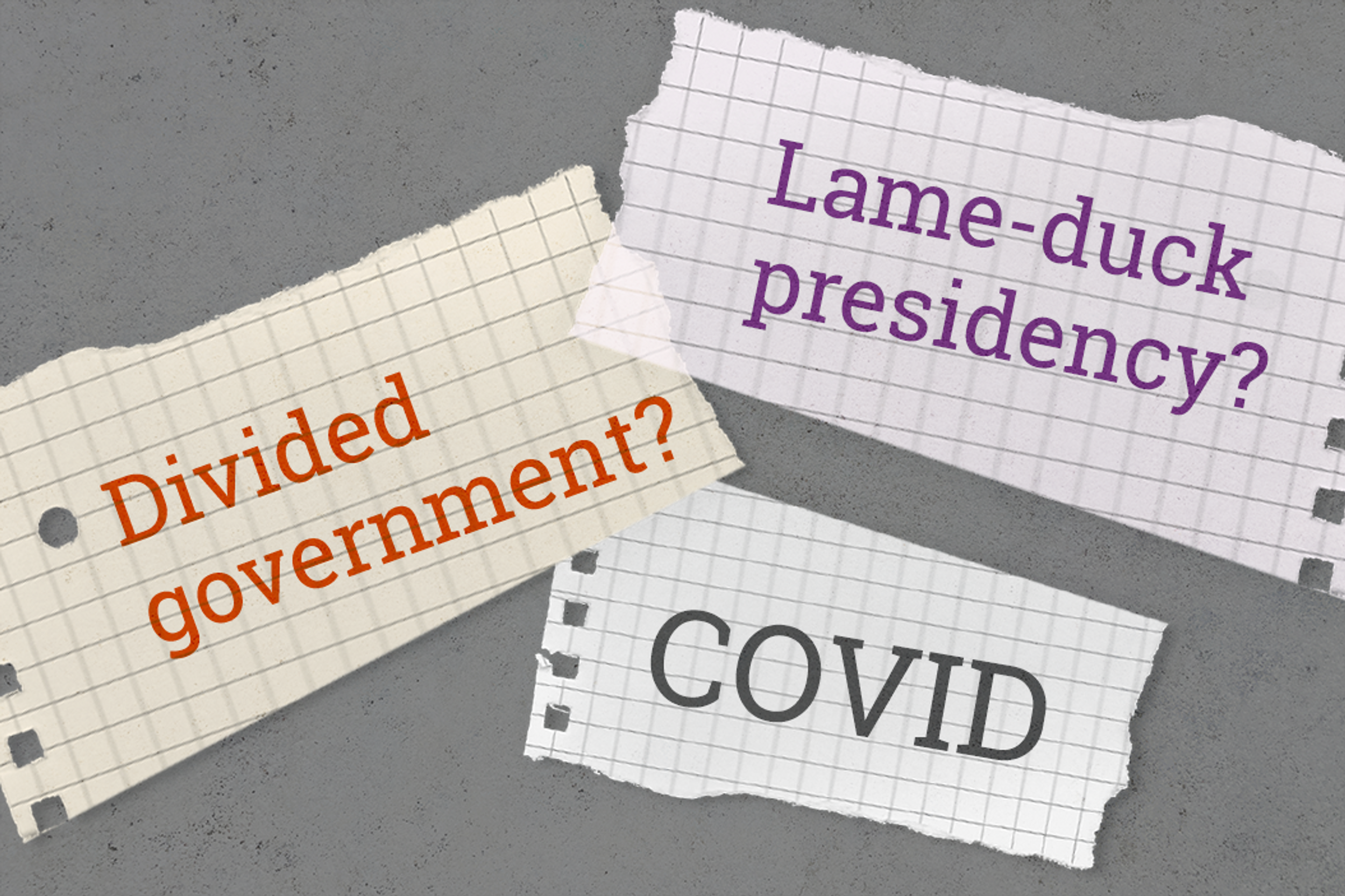 Art featuring the following copy in bold: Divided government?; COVID; Lame-duck presidency?