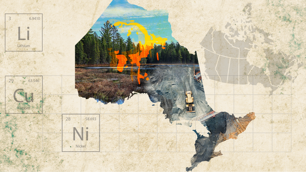 Artistic rendering of Canada with periodic table of critical minerals
