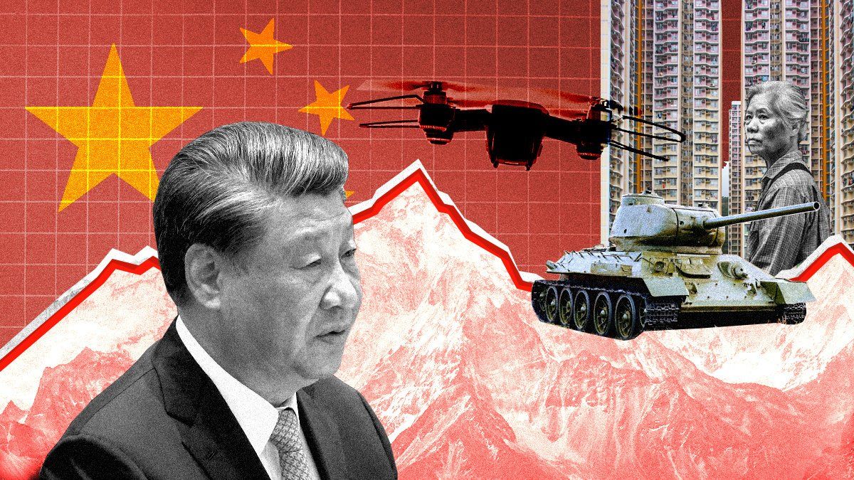 Artwork showing Xi Jinping with the Chinese flag, a mountain range, a drone, a tank, and an apartment building