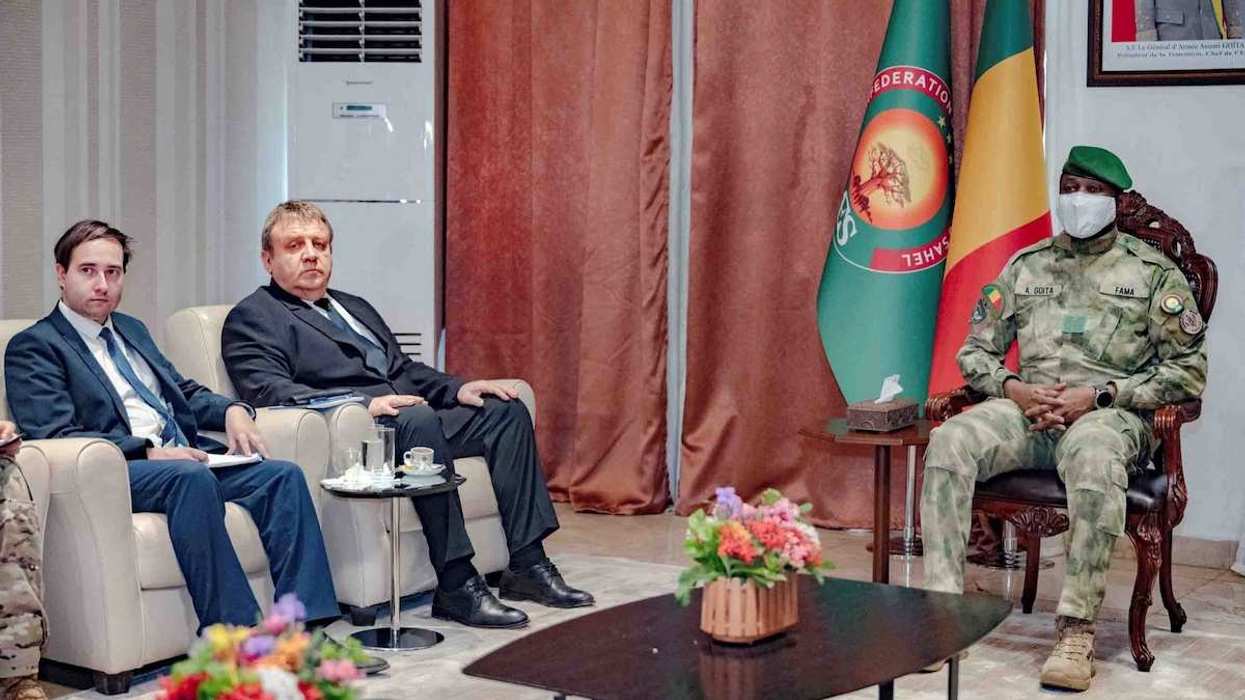 Assimi Goita, the leader of Mali's military government, meets with Russian officials, according to Mali's presidency, at Koulouba Palace in Bamako, Mali, in this handout photo released April 28, 2026.