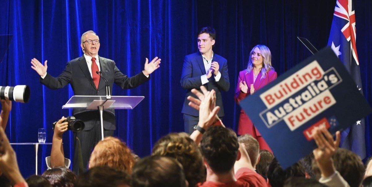 ​Australian Prime Minister Anthony Albanese speaks to supporters near Sydney on May 3, 2025, after his ruling Labor Party won majority seats in the general election and he secured a second consecutive three-year term.